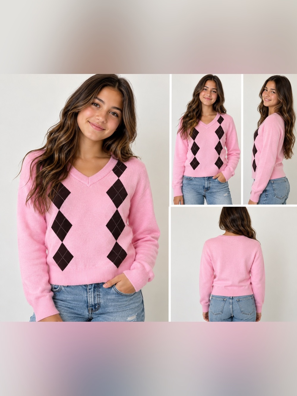 Pink Argyle V-Neck Sweater